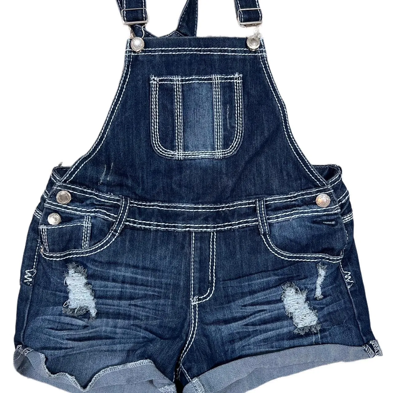 Almost Famous Dark Wash Distressed Overalls, photo 1 of 5