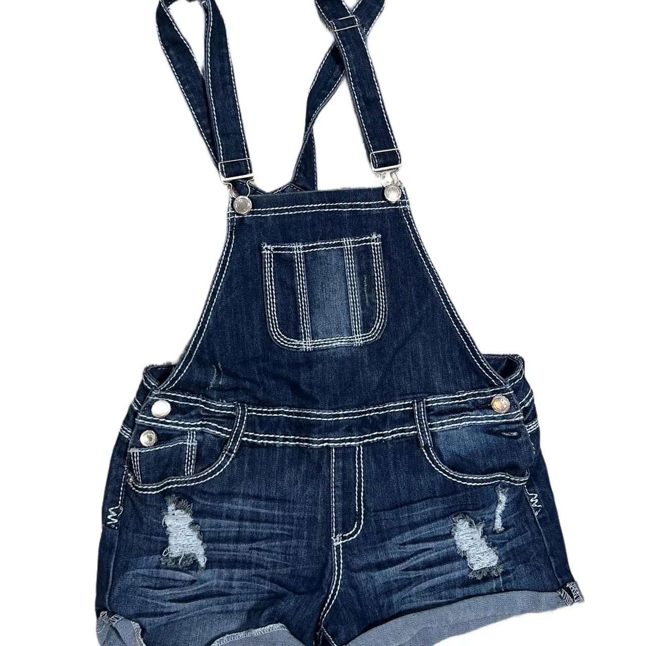 Almost Famous Dark Wash Distressed Overalls, photo 2 of 5
