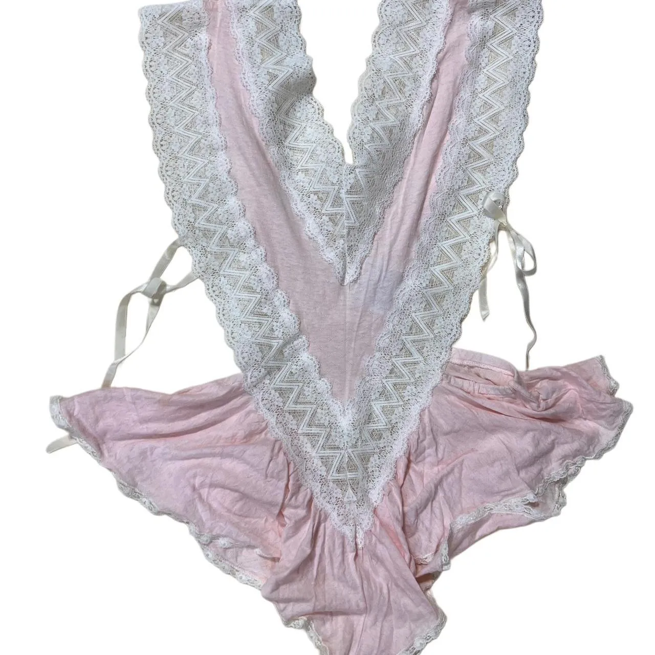 Vintage 80s Pink and White Lace Ruffle Teddy Romper, photo 1 of 3