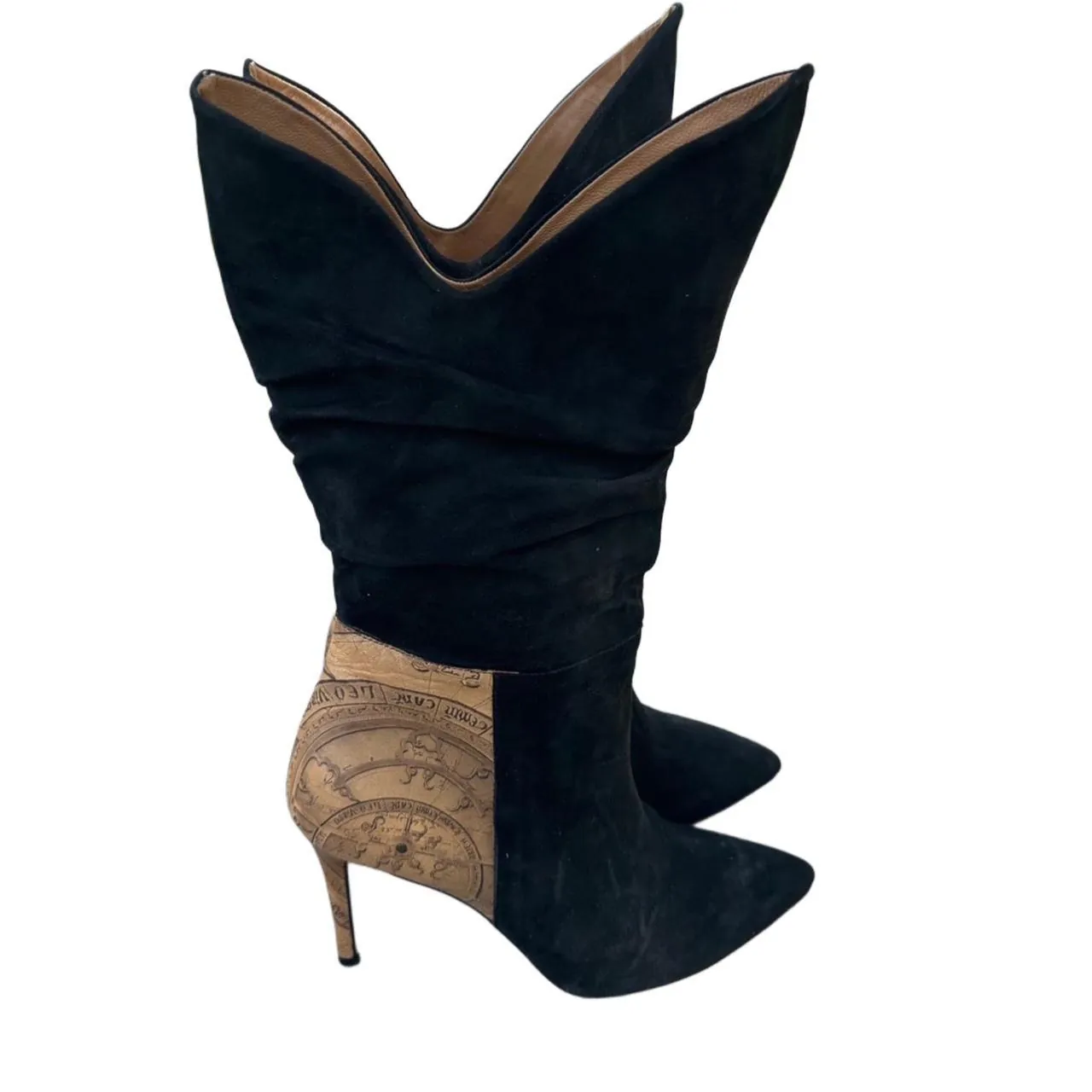 Vintage Black Suede and Leather Mid-Calf Heeled Boots with Architectural Heel Design, photo 1 of 4