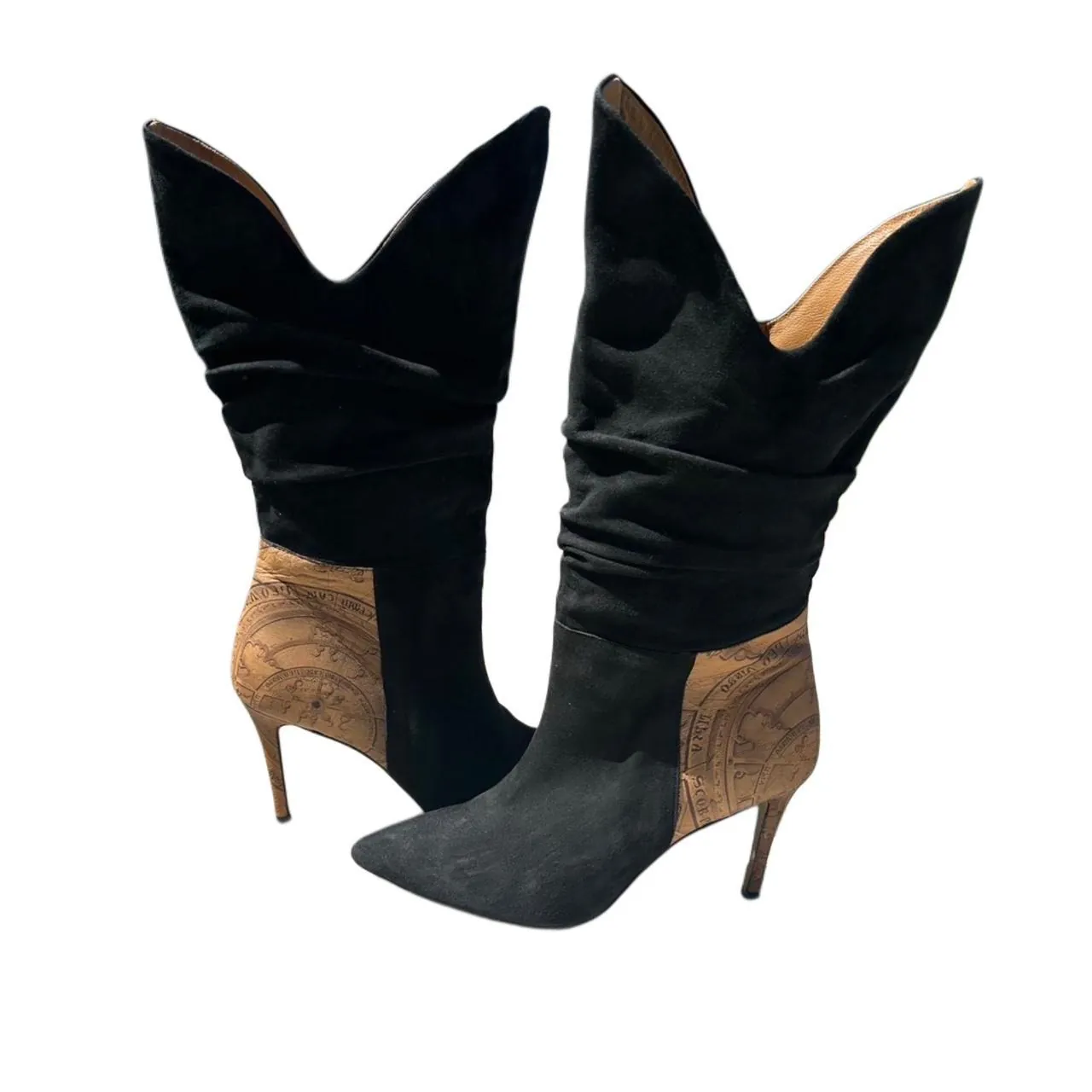 Vintage Black Suede and Leather Mid-Calf Heeled Boots with Architectural Heel Design, photo 2 of 4