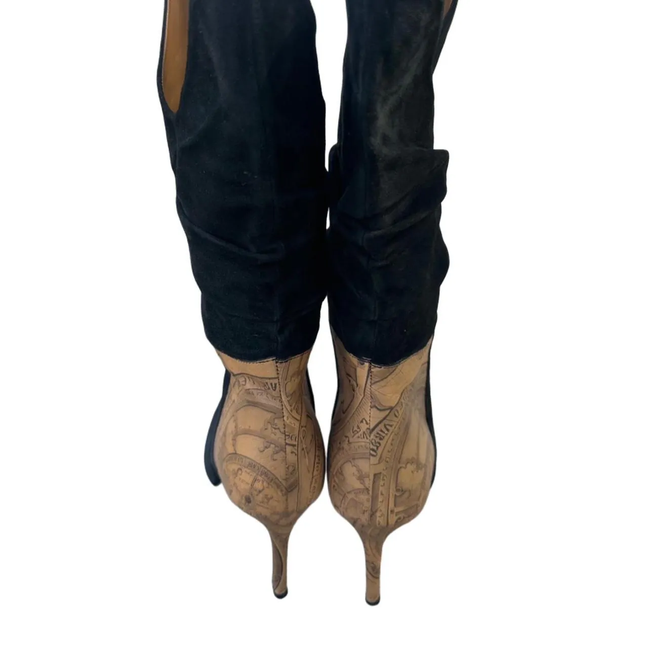 Vintage Black Suede and Leather Mid-Calf Heeled Boots with Architectural Heel Design, photo 3 of 4