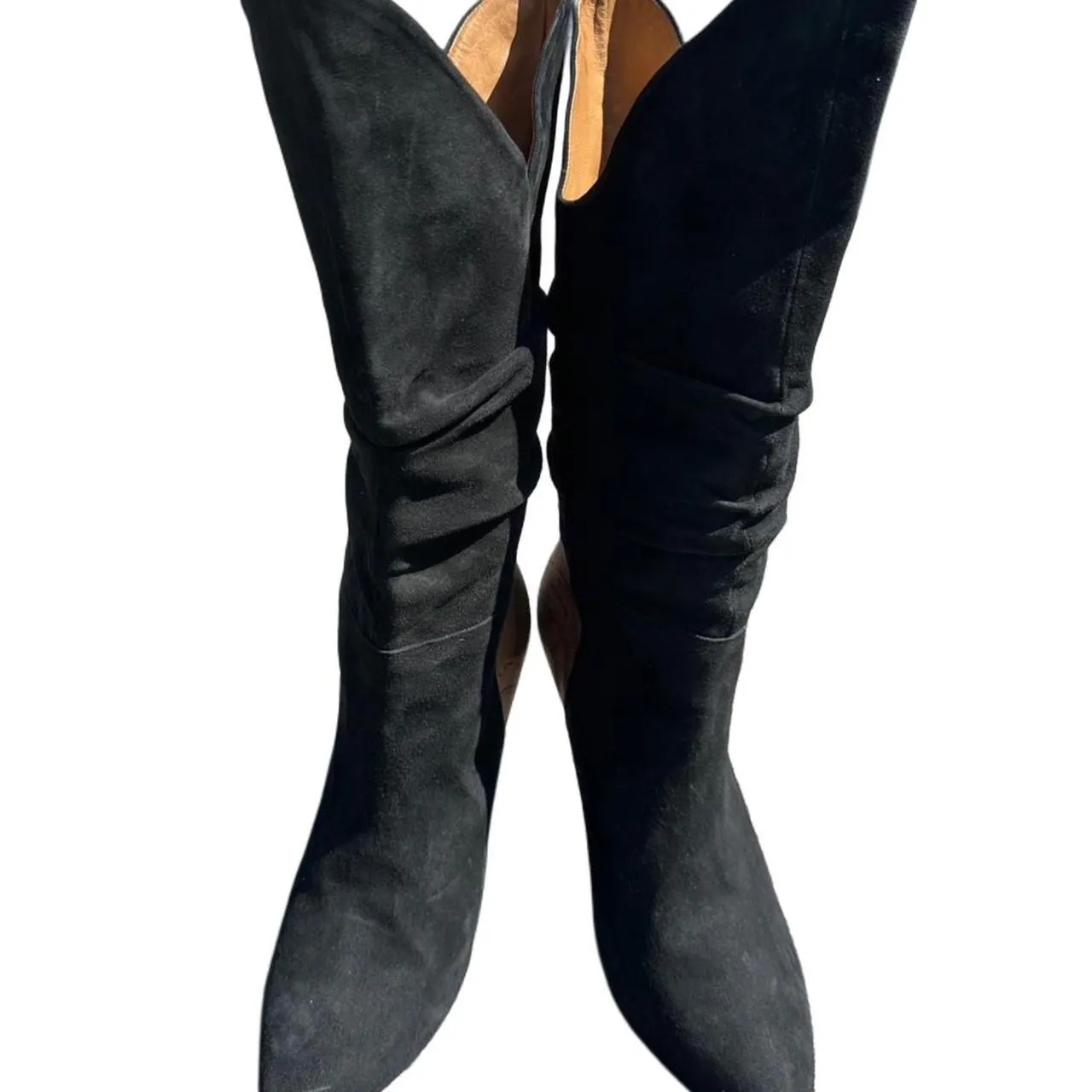 Vintage Black Suede and Leather Mid-Calf Heeled Boots with Architectural Heel Design, photo 4 of 4