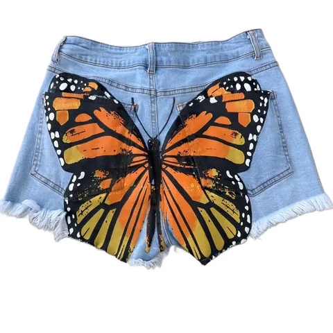 Denim Shorts with Butterfly Design on Butt