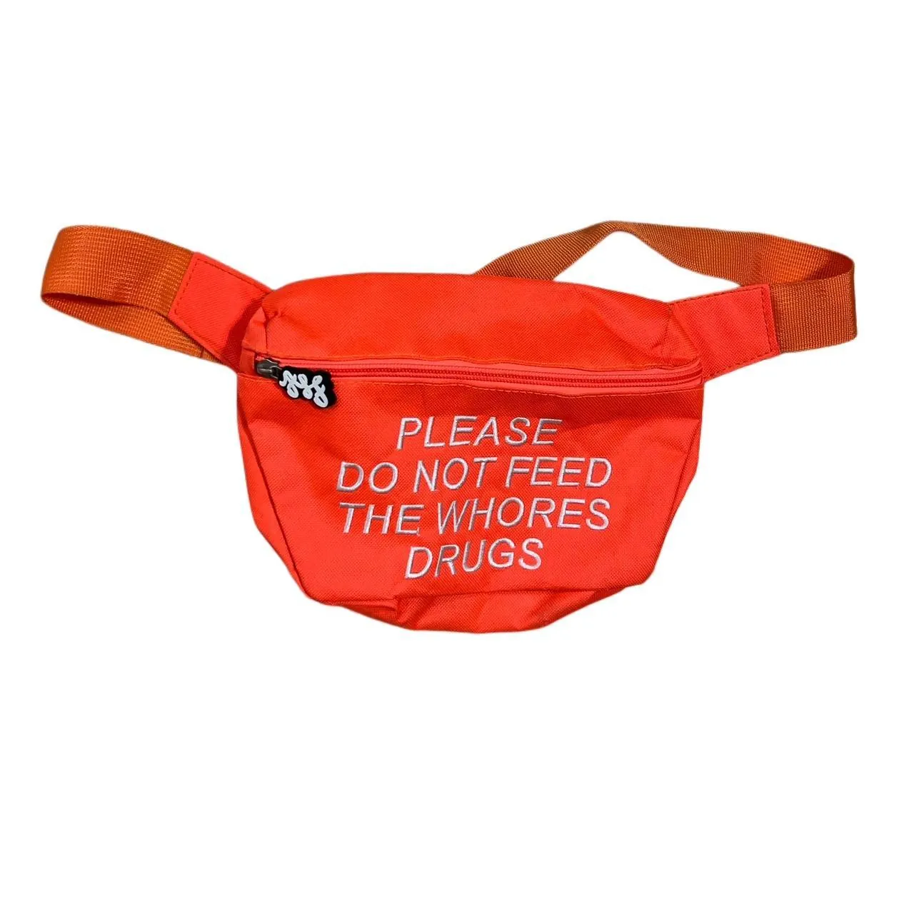 Rare Vintage “Please Do Not Feed The Wħores Drūgs” Neon Orange Streetwear Fanny Pack, photo 2 of 3