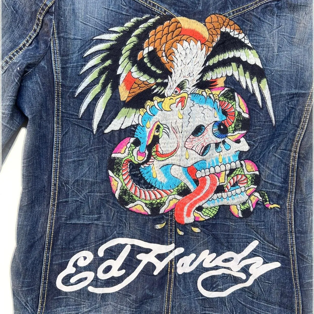 Vintage Ed Hardy by Christian Audigier Denim Jean Jacket with Embroidered Eagle Skull, photo 1 of 7
