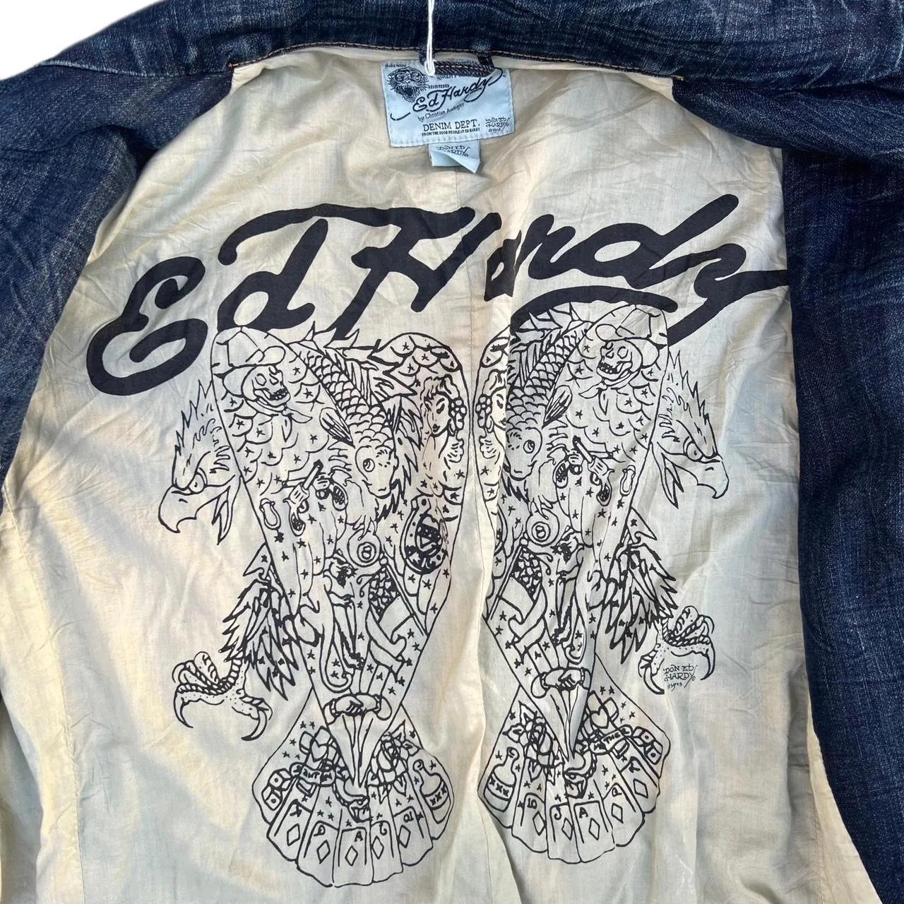 Vintage Ed Hardy by Christian Audigier Denim Jean Jacket with Embroidered Eagle Skull, photo 6 of 7