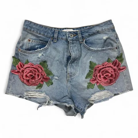 Zara High Waisted Denim Shorts with Rose Embroidery