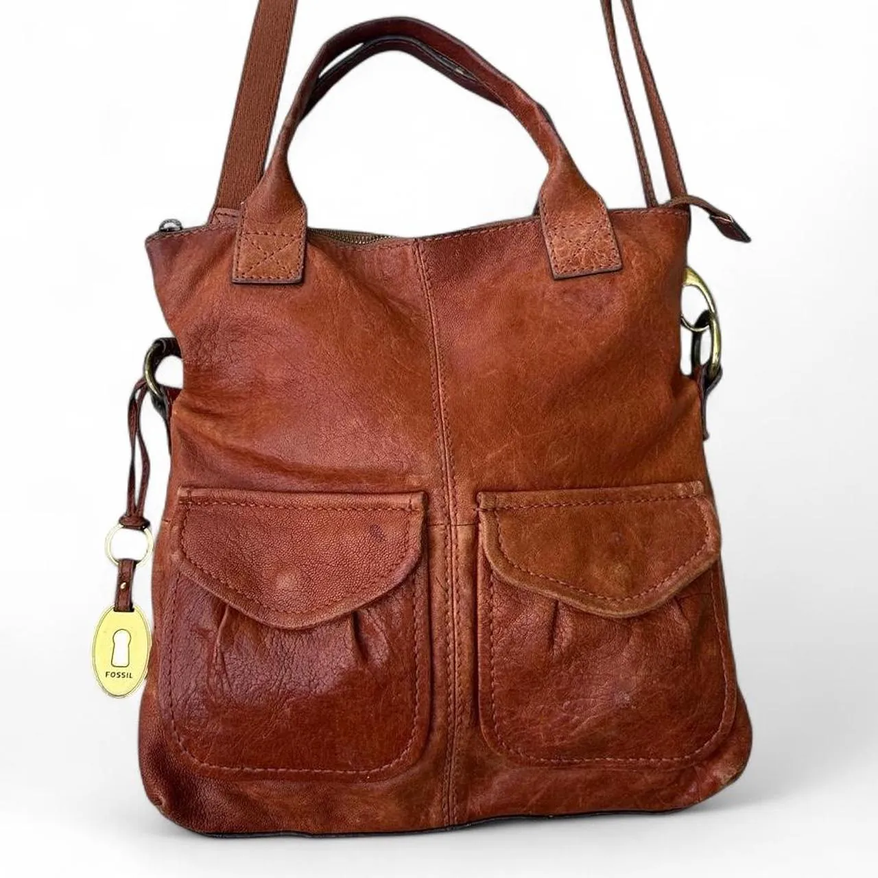 Vintage Fossil Brown Leather Crossbody Satchel, photo 1 of 8