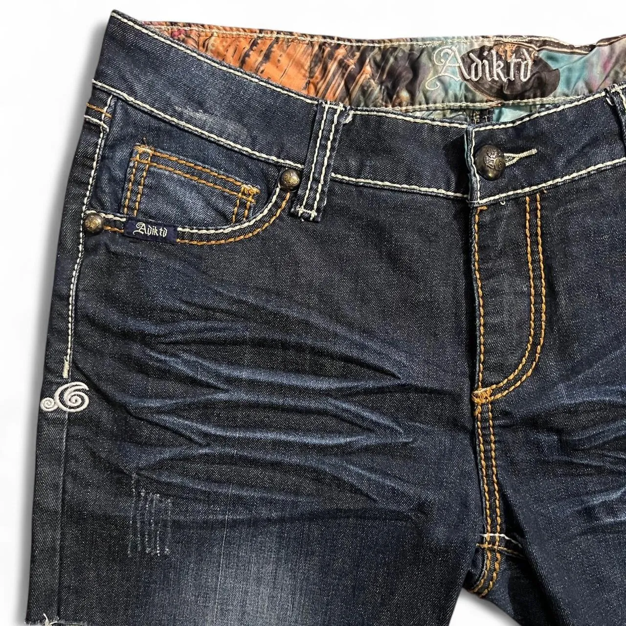 Adiktd Dark Wash Denim Embroidered Shorts, photo 4 of 6