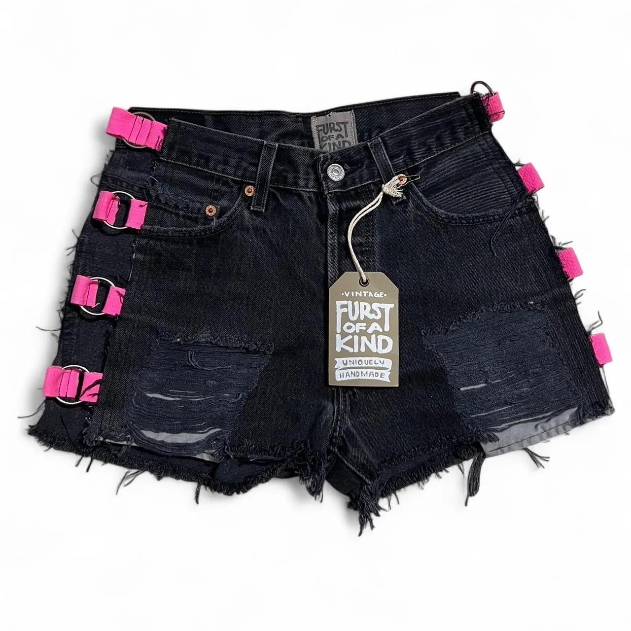 Vintage Furst of a Kind Black Denim Shorts with Pink Buckles, photo 1 of 4