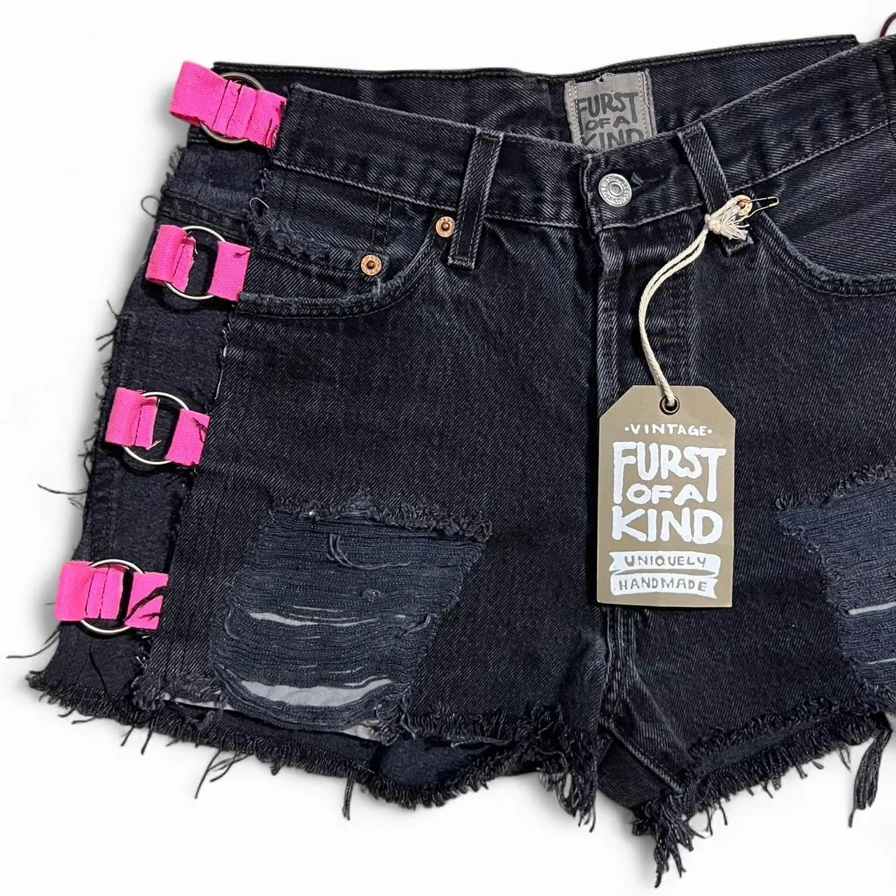Vintage Furst of a Kind Black Denim Shorts with Pink Buckles, photo 2 of 4