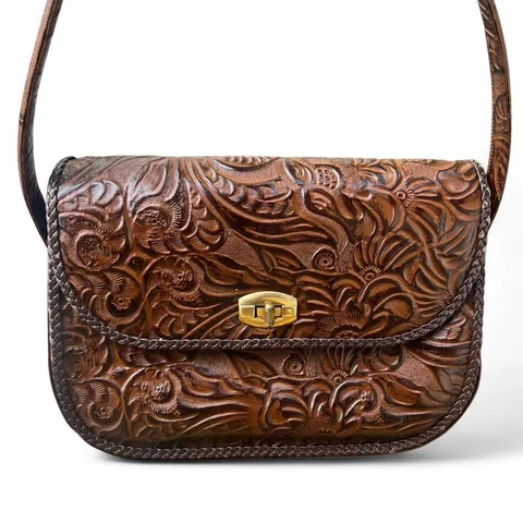Rare Vintage Manolo Blahnik Brown Leather Embossed Shoulder Bag