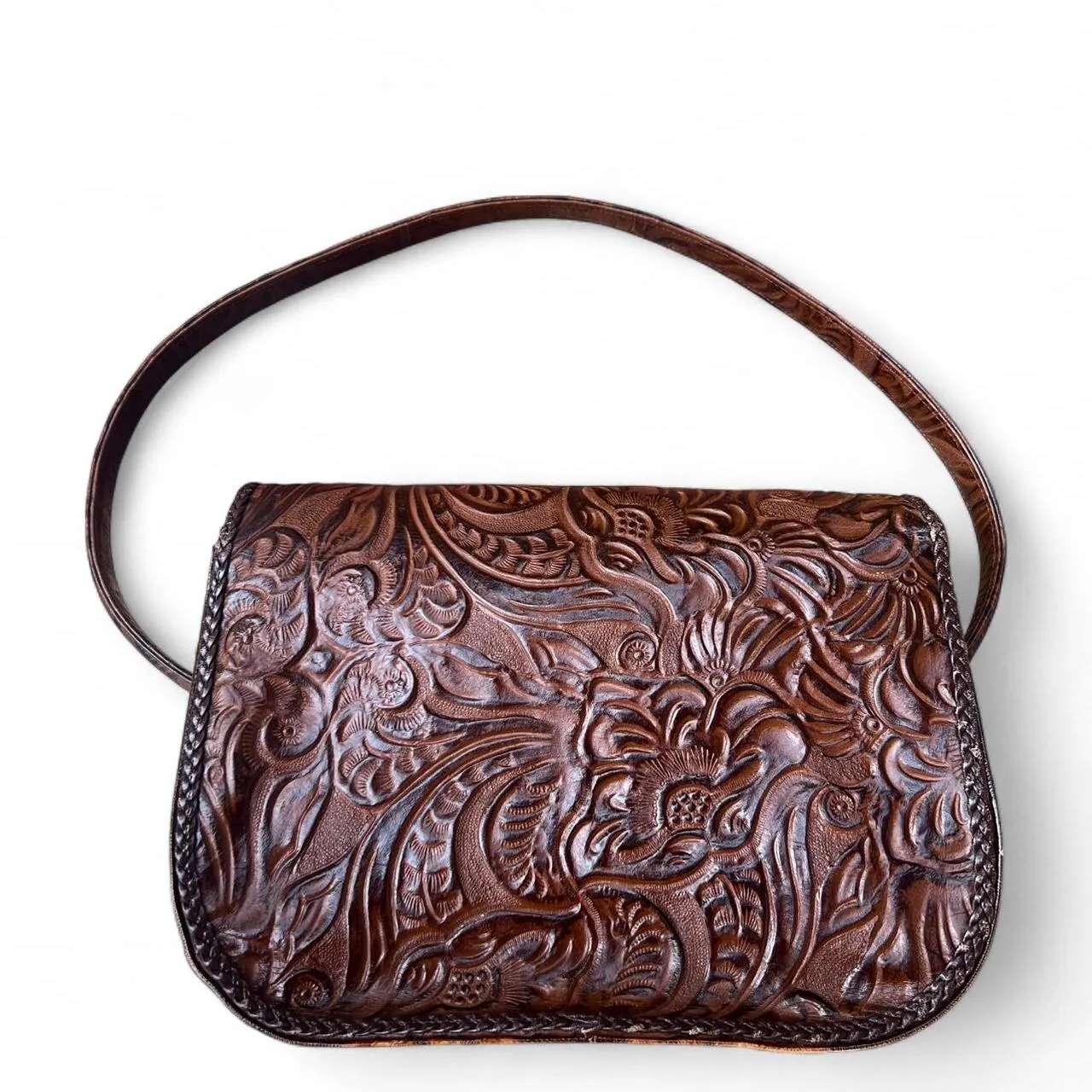 Rare Vintage Manolo Blahnik Brown Leather Embossed Shoulder Bag, photo 4 of 8
