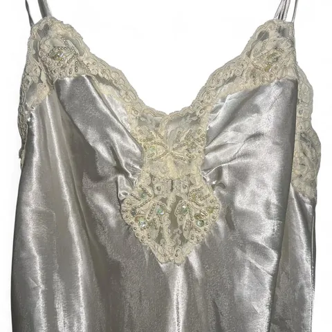 Rare Vintage Victoria’s Secret Gold Label Silver Satin Slip Dress with Lace & Pearl Details