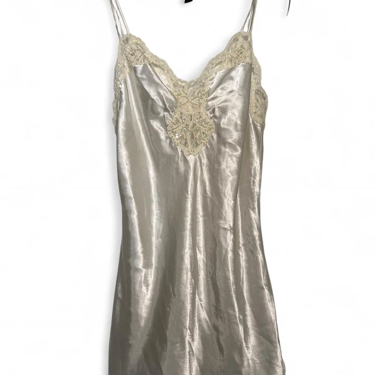 Rare Vintage Victoria’s Secret Gold Label Silver Satin Slip Dress with Lace & Pearl Details, photo 2 of 6