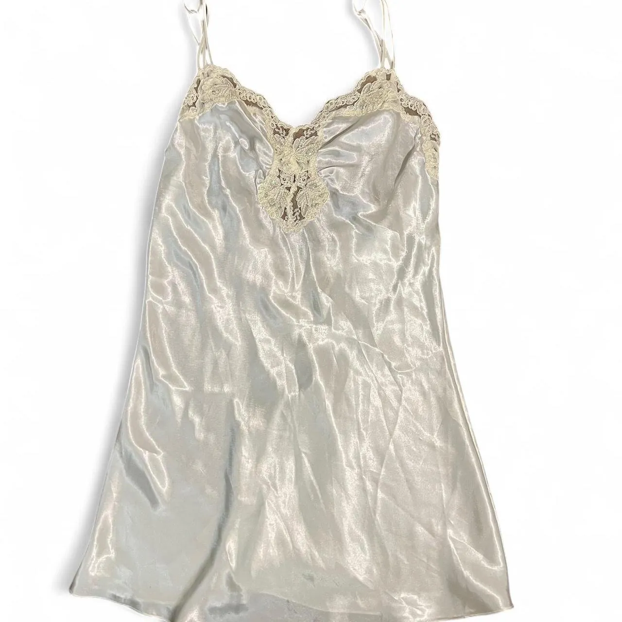 Rare Vintage Victoria’s Secret Gold Label Silver Satin Slip Dress with Lace & Pearl Details, photo 3 of 6