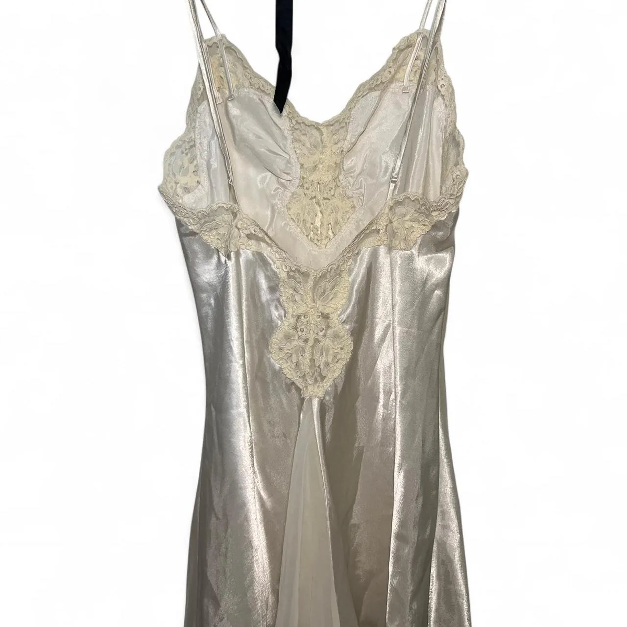 Rare Vintage Victoria’s Secret Gold Label Silver Satin Slip Dress with Lace & Pearl Details, photo 4 of 6