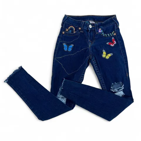 True Religion Embroidered High Waisted Distressed Skinny Jeans