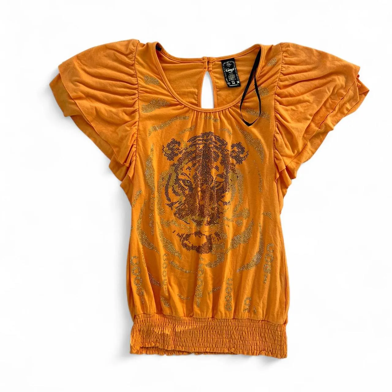 Vintage Y2K Coogi Orange Graphic Tiger Top with Rhinestones and Ruffle Sleeves, photo 1 of 4