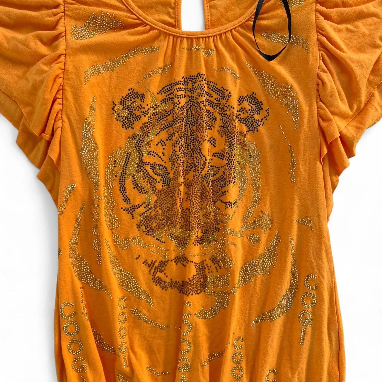 Vintage Y2K Coogi Orange Graphic Tiger Top with Rhinestones and Ruffle Sleeves, photo 2 of 4