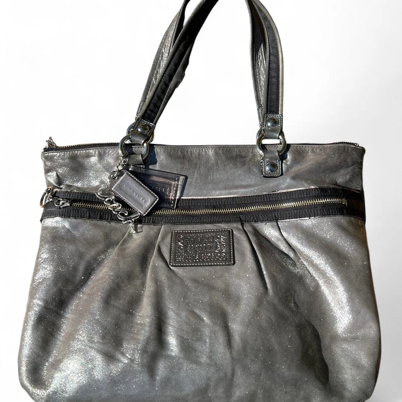 Vintage Coach Poppy Silver Metallic Leather Pleated Shoulder Tote Bag, photo 1 of 5