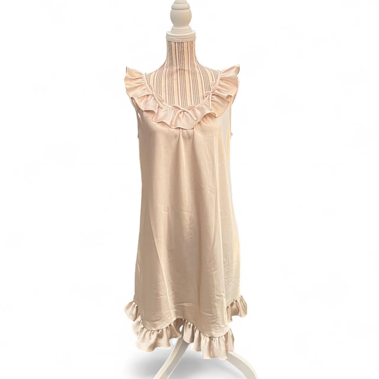 Vintage Cordelia Beige Bow Pleated Satin Dress, photo 1 of 5