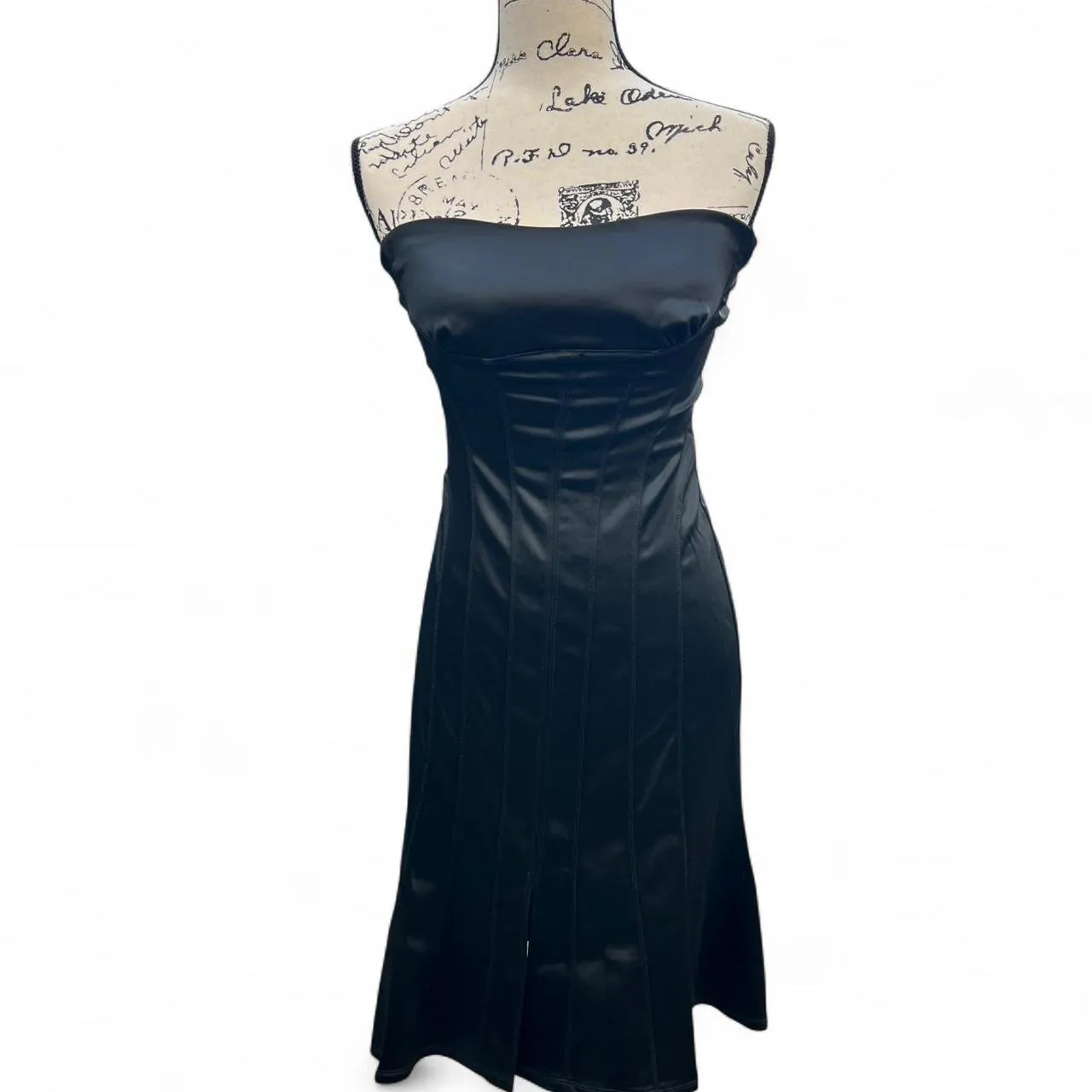 Rare Vintage Bebe Black Satin Strapless Tube Dress with Hourglass Lining, photo 1 of 5