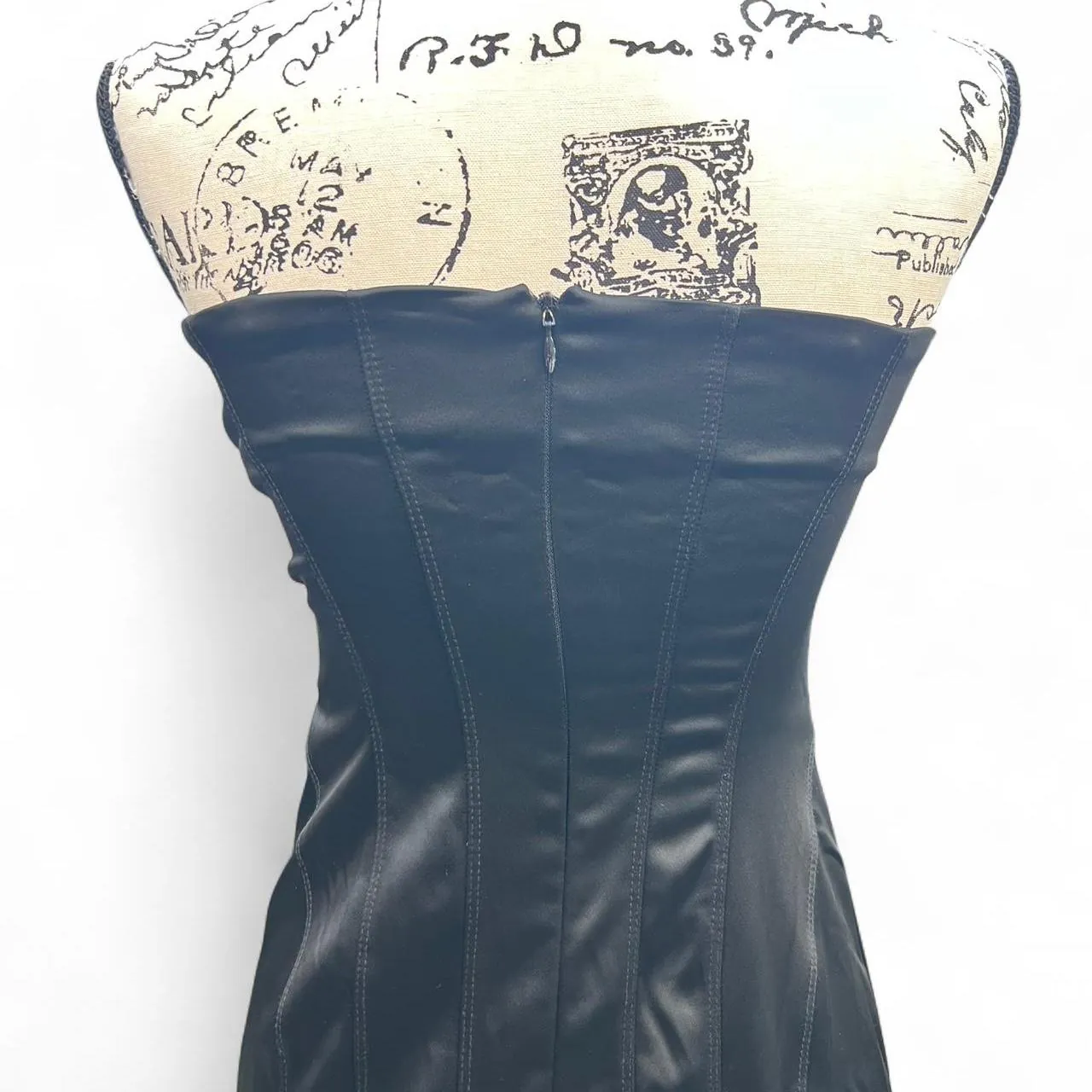Rare Vintage Bebe Black Satin Strapless Tube Dress with Hourglass Lining, photo 4 of 5