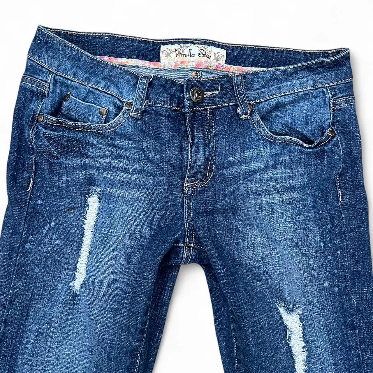 Vintage Vanilla Star Distressed Paint Splatter Low Rise Jeans, photo 1 of 6