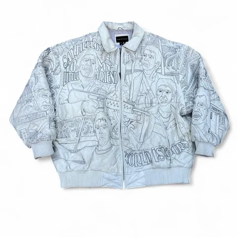Rare Vintage Scarface Tony Montana White Leather Bomber Jacket