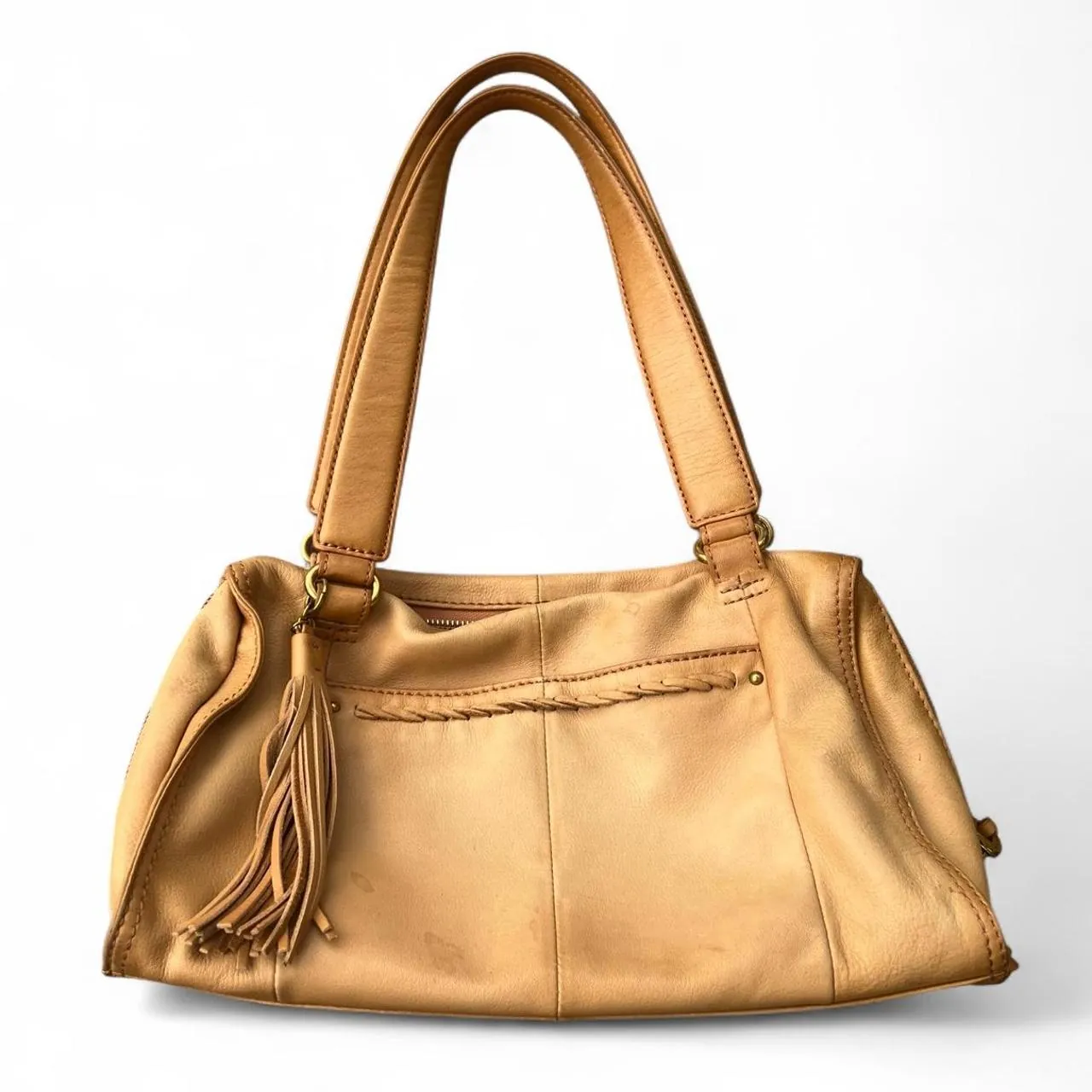 Vintage Hobo Tan Leather Shoulder Bag with Tassel, photo 3 of 5