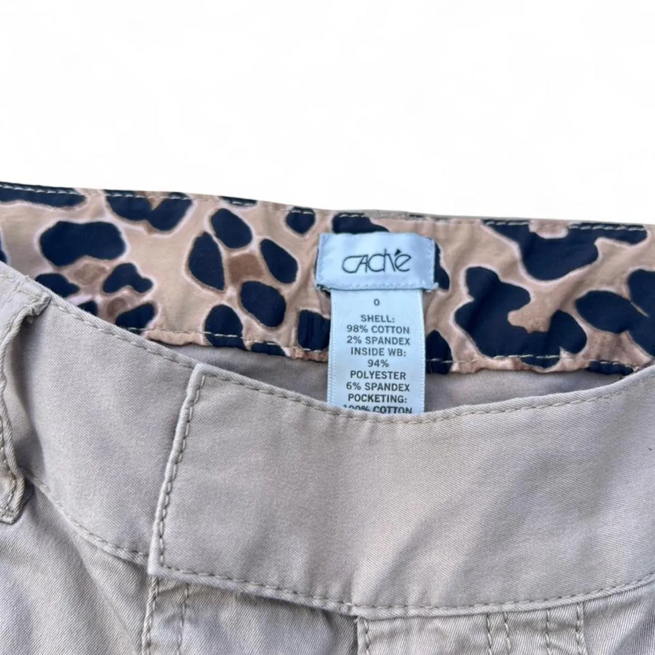Vintage Cache Tan Cargo Pants/Capris with Leopard Print Waistband and Button Detail, photo 3 of 4