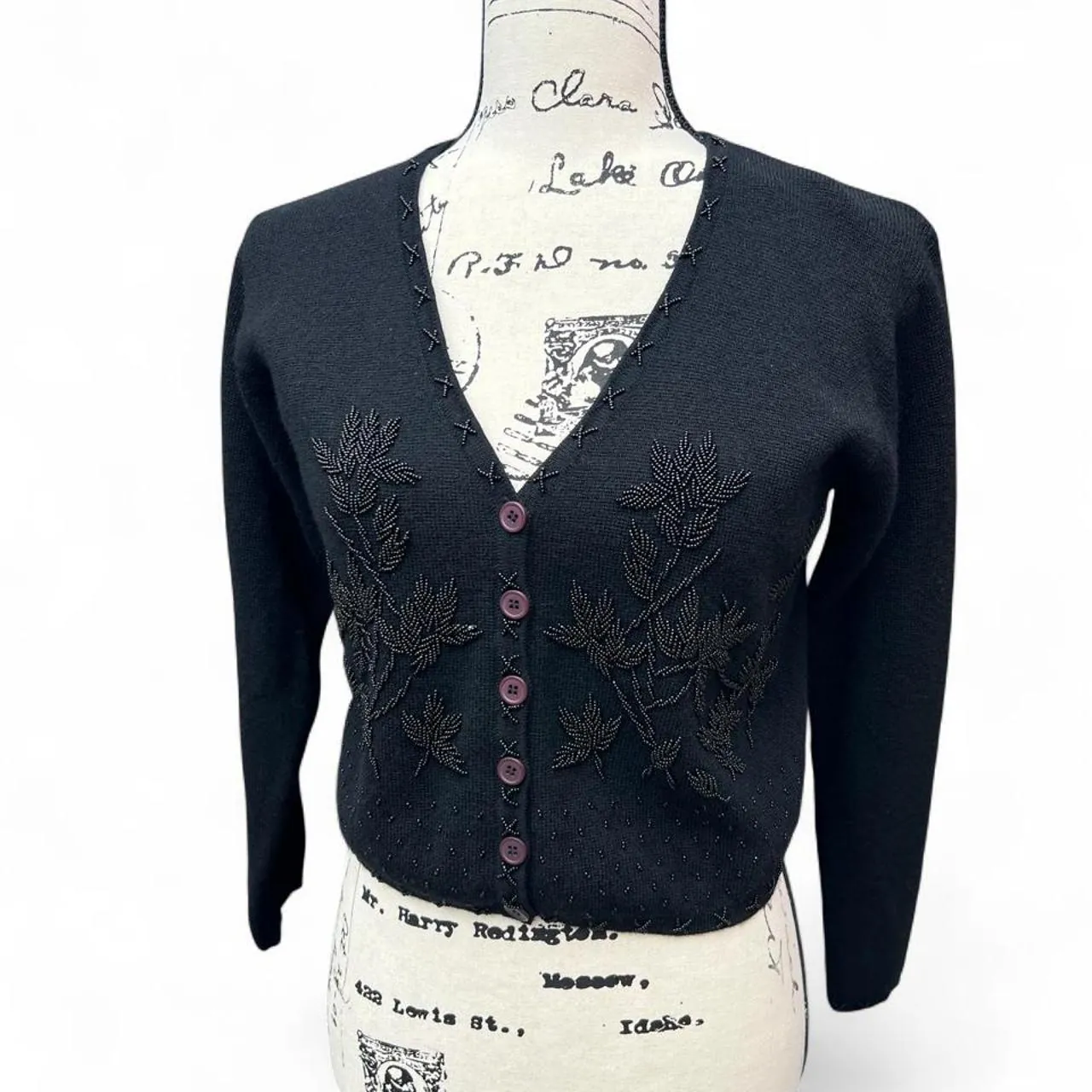 Vintage Karen Kane Black Beaded Merino Wool Cardigan Sweater, photo 1 of 7