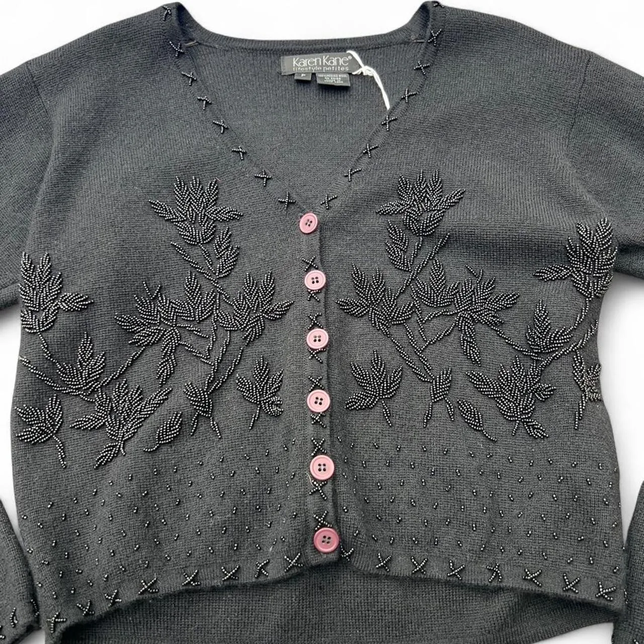 Vintage Karen Kane Black Beaded Merino Wool Cardigan Sweater, photo 3 of 7