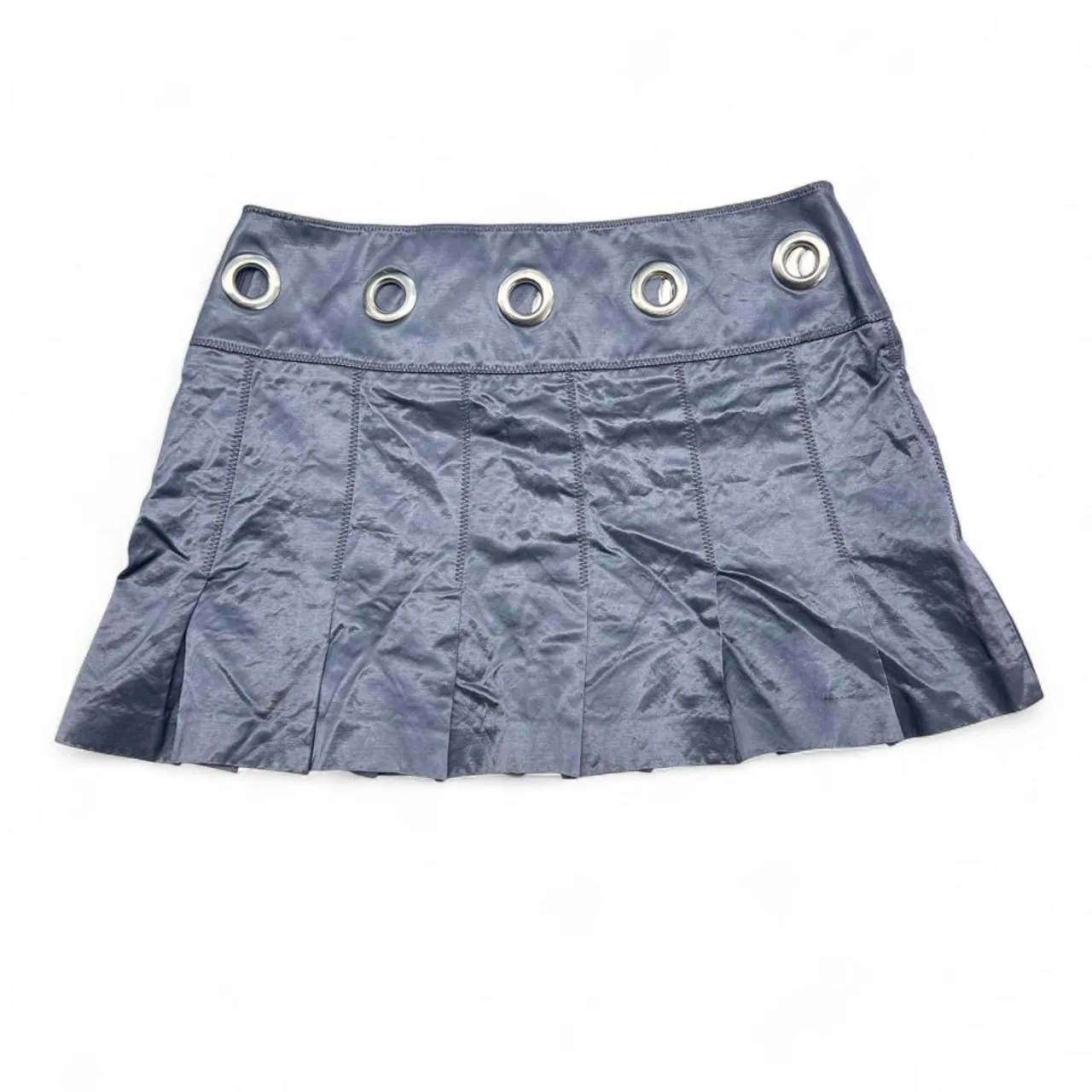 Vintage Bebe Silver Satin Mettalic Pleated Mini Skirt with Grommet Details, photo 1 of 4