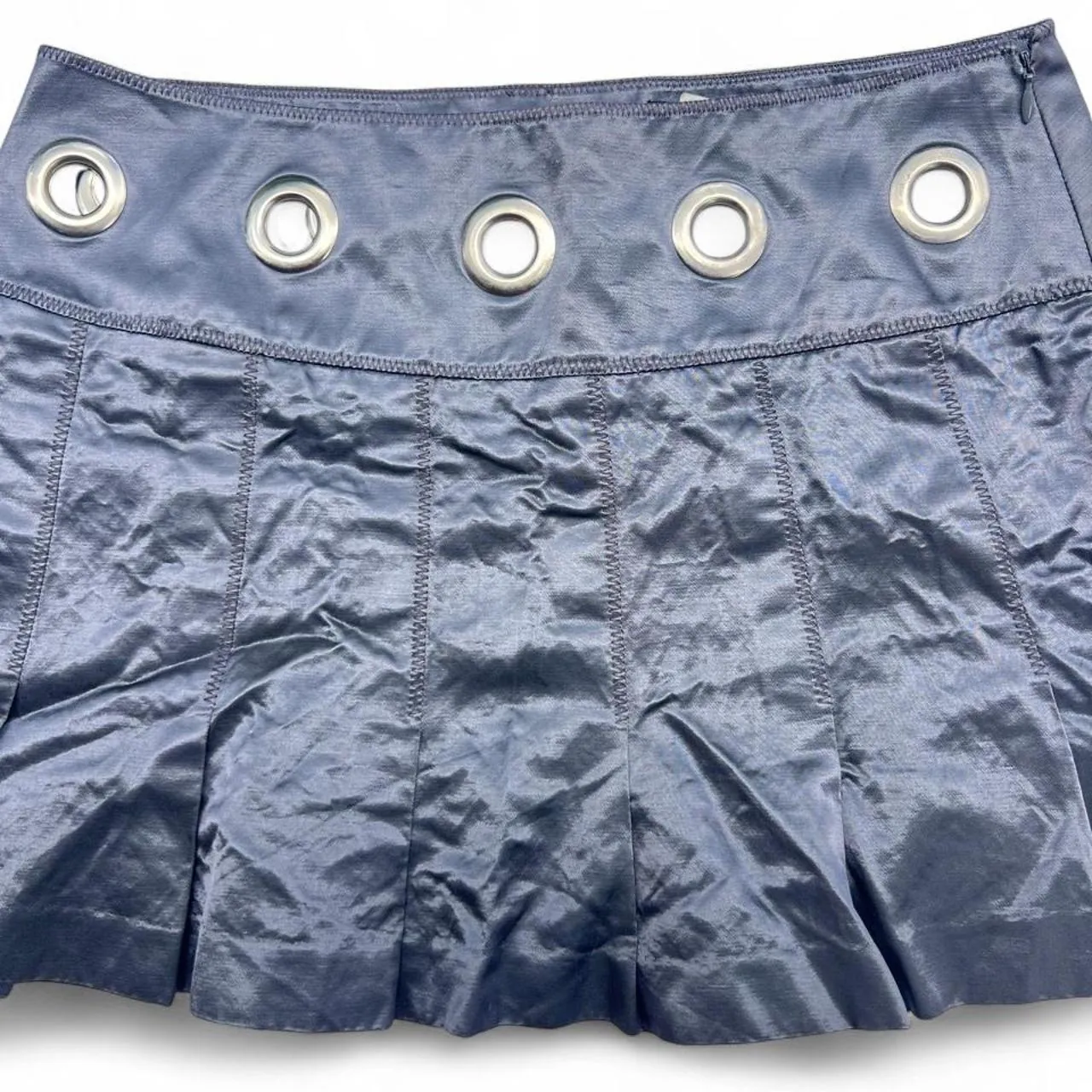 Vintage Bebe Silver Satin Mettalic Pleated Mini Skirt with Grommet Details, photo 2 of 4