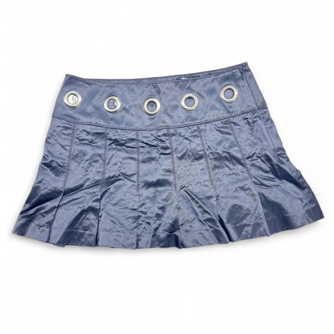 Vintage Bebe Silver Satin Mettalic Pleated Mini Skirt with Grommet Details, photo 3 of 4
