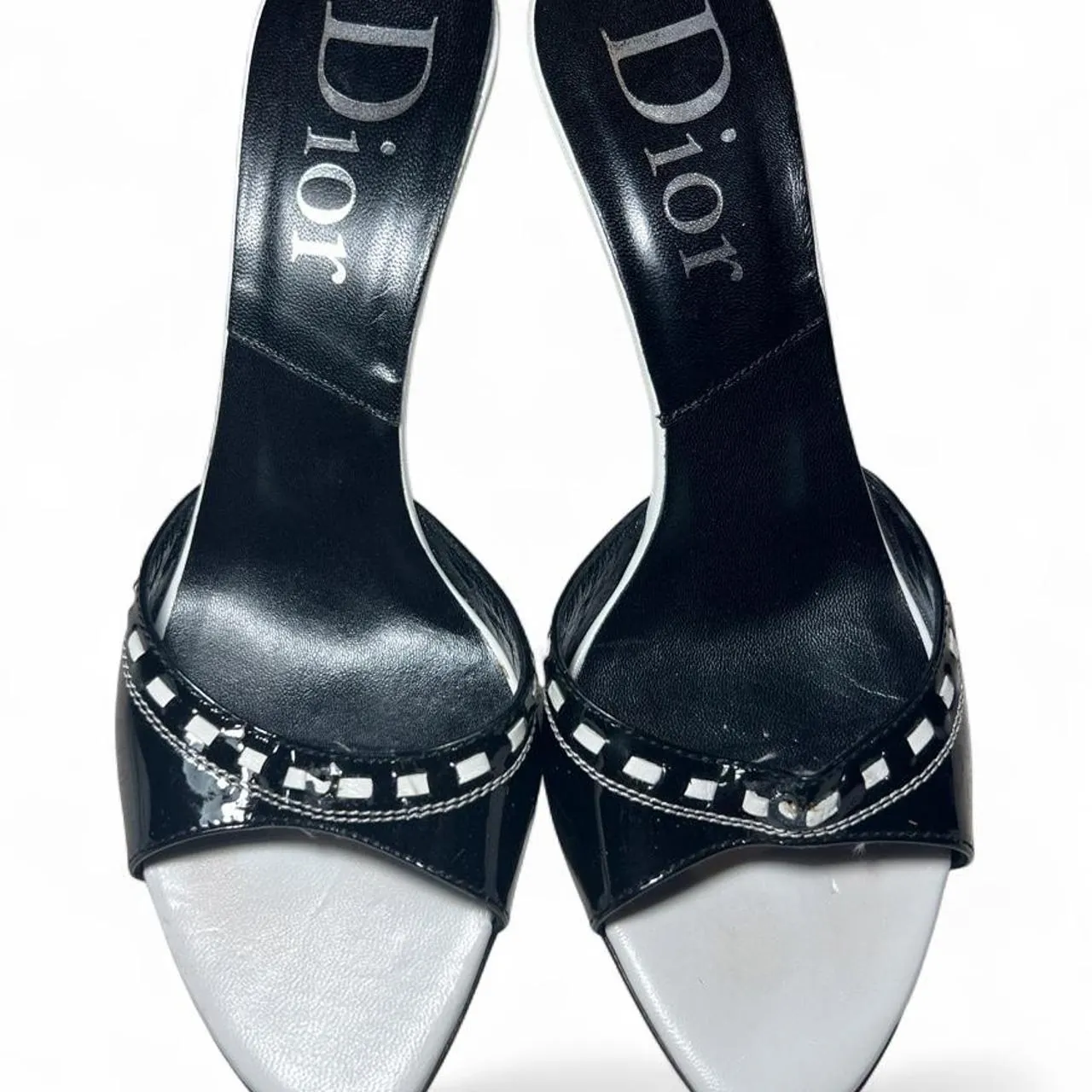 Rare Vintage Christian Dior by John Galliano Black and White Dice Gambler Open Toe Heels, photo 2 of 6
