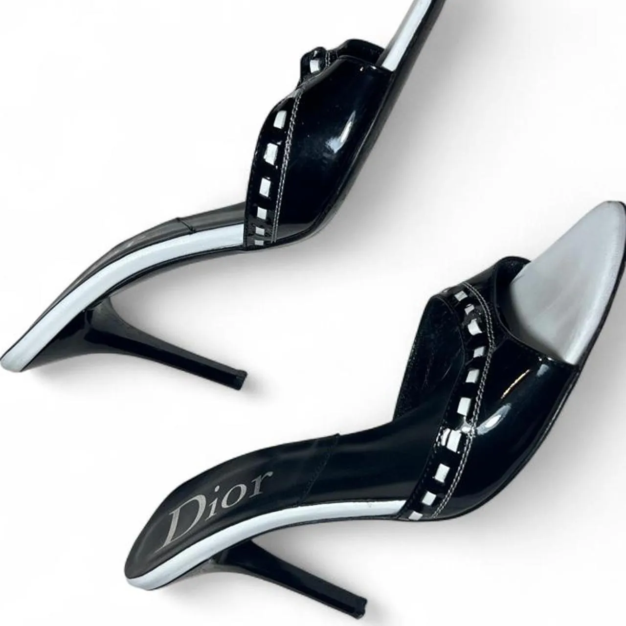 Rare Vintage Christian Dior by John Galliano Black and White Dice Gambler Open Toe Heels, photo 4 of 6