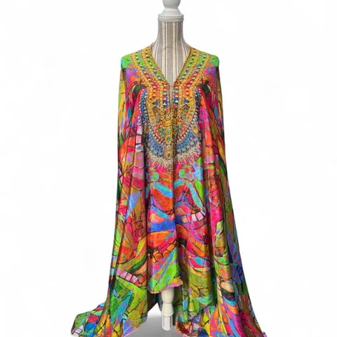 Ranee’s Beaded Symmetrical V-Neck Silk Boho Kaftan Dress