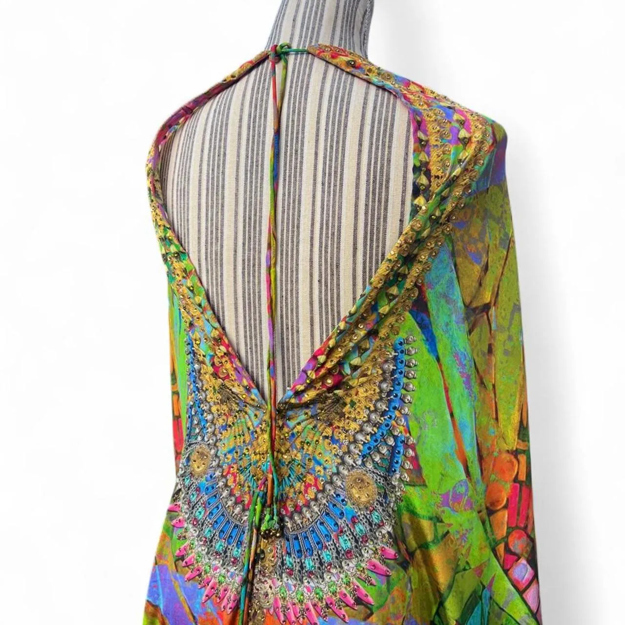 Ranee’s Beaded Symmetrical V-Neck Silk Boho Kaftan Dress, photo 5 of 6