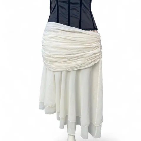 White Boho Ruched Asymmetrical Midi skirt with Layered Ruffles