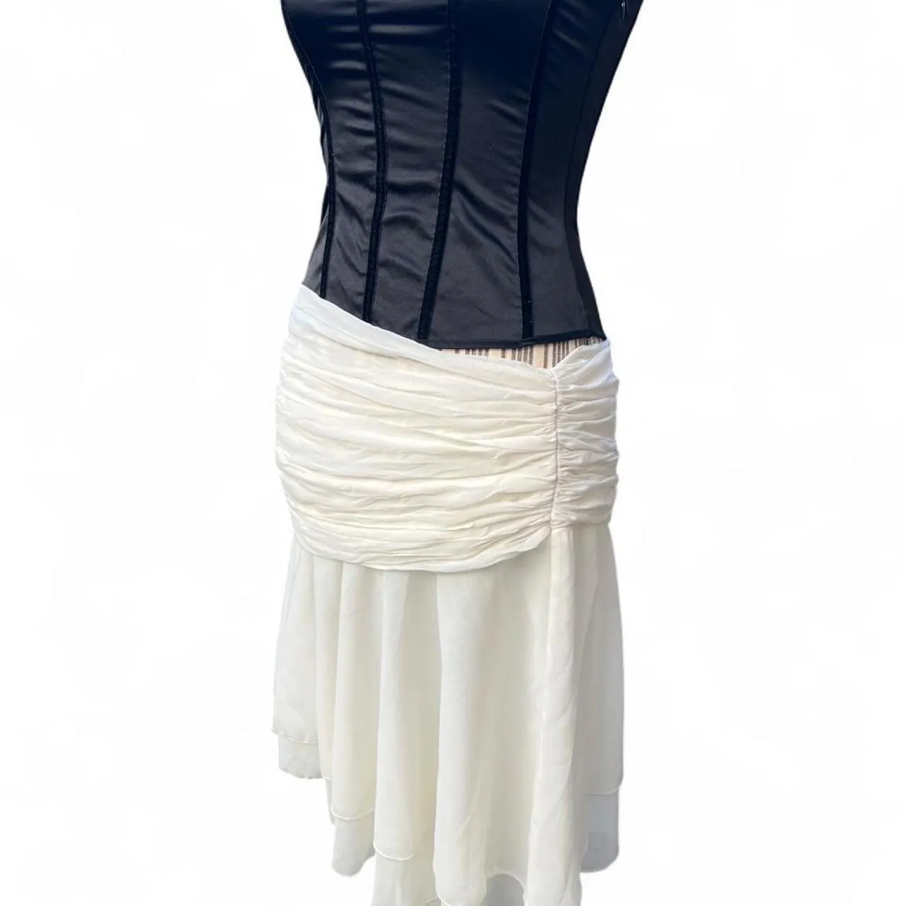 White Boho Ruched Asymmetrical Midi skirt with Layered Ruffles, photo 3 of 5