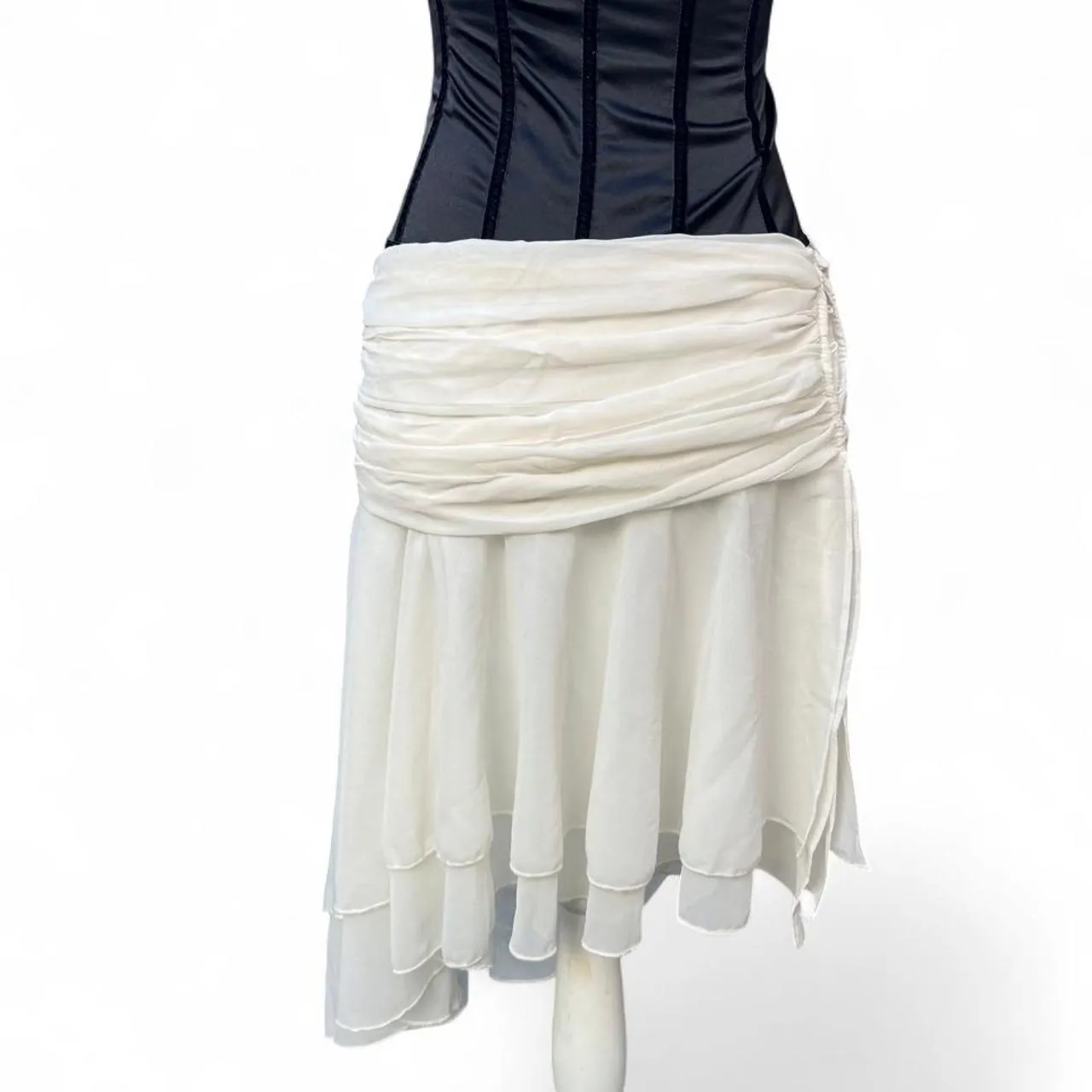 White Boho Ruched Asymmetrical Midi skirt with Layered Ruffles, photo 4 of 5