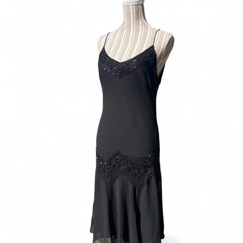 Rare Vintage 80s Leslie Fay Black Beaded Maxi Formal Spaghetti Strap Evening Dress
