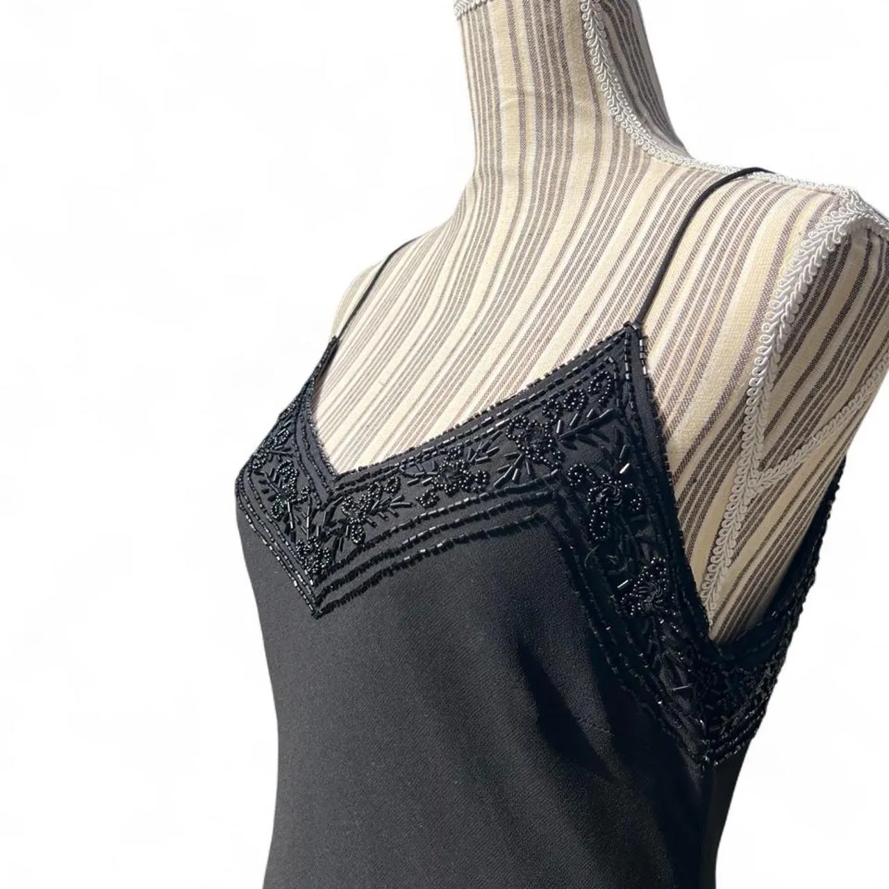 Rare Vintage 80s Leslie Fay Black Beaded Maxi Formal Spaghetti Strap Evening Dress, photo 2 of 5