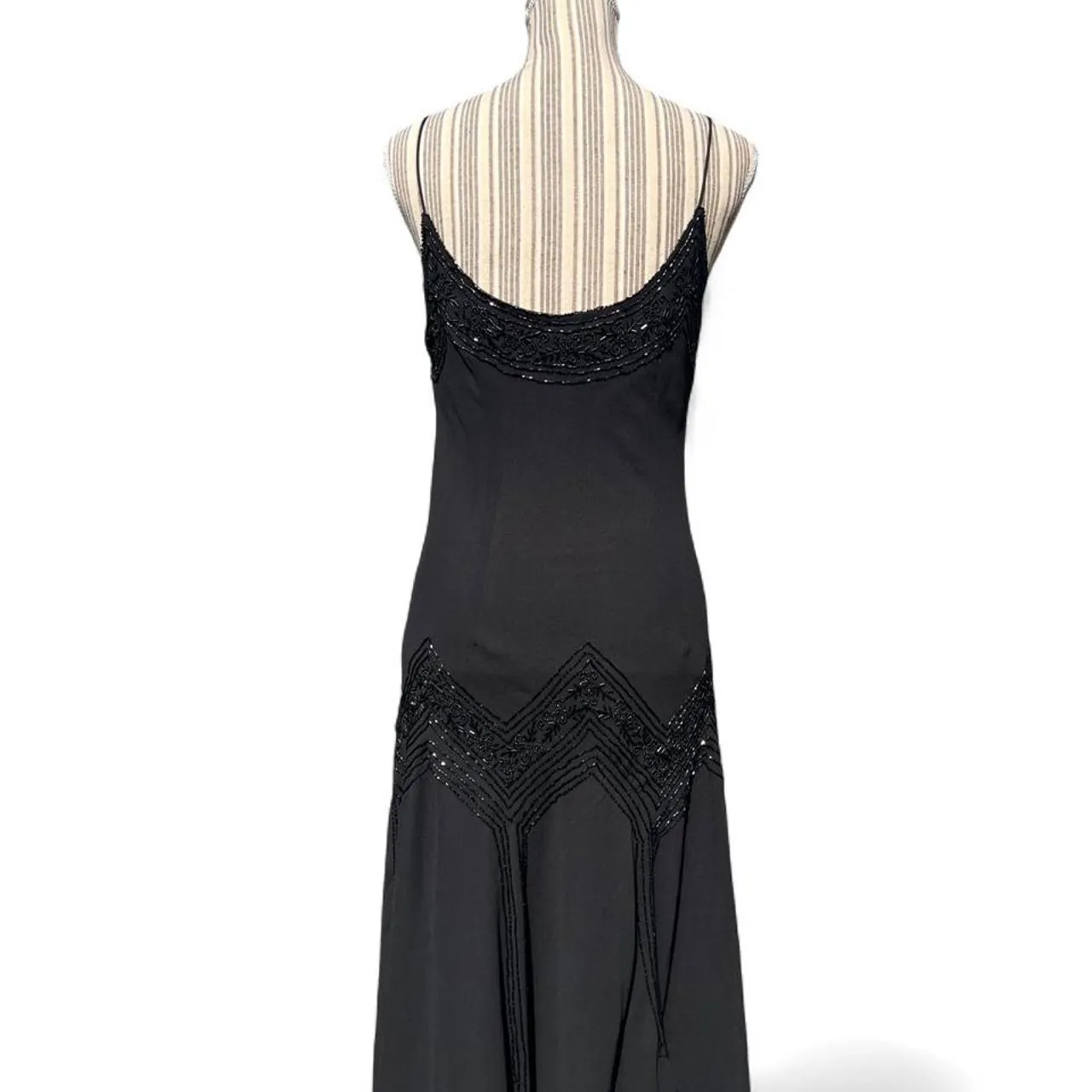 Rare Vintage 80s Leslie Fay Black Beaded Maxi Formal Spaghetti Strap Evening Dress, photo 4 of 5