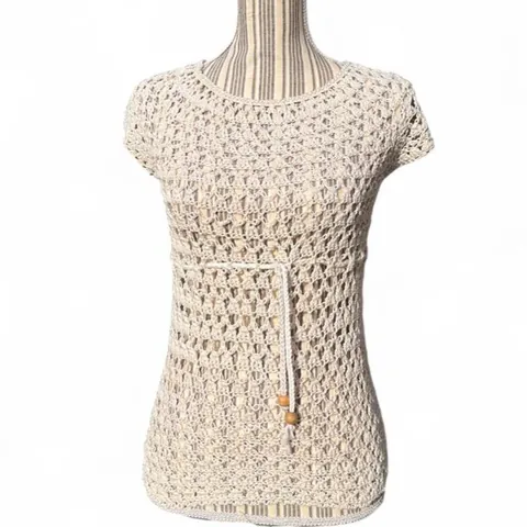 Vintage Handmade Cream Crochet top with Tie Waist and Wooden Beads