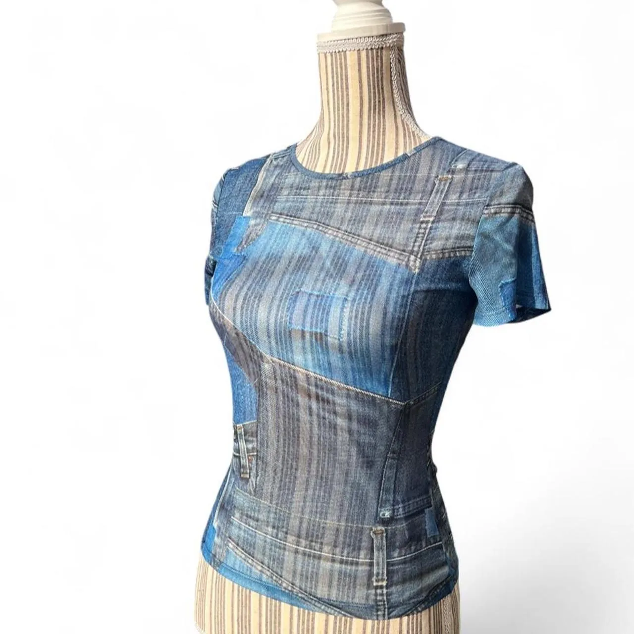 Miaou Sheer Blue Denim Printed Patchwork Mini Top, photo 1 of 6